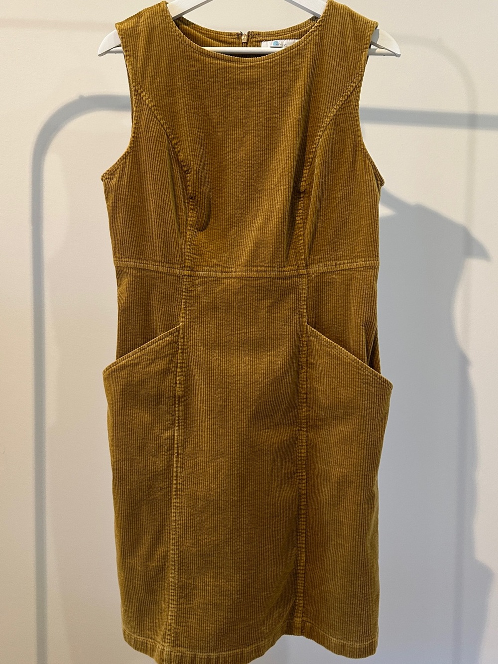 Vintage 90s Boden Mustard Yellow Brown Corduroy Overall Sheath Dress 8R M Knee